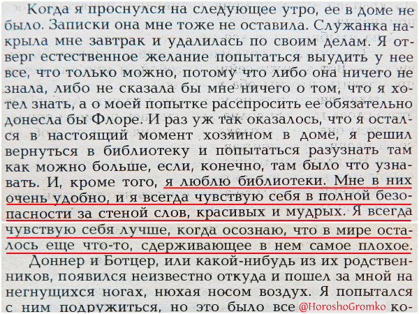 Я люблю библиотеки.  Мне в них очень удобно, и я всегда чувствую себя в безопасности за стеной слов, красивых и мудрых.  Я всегда чувствую себя лучше, когда осознаю, что в мире осталось ещё что-то, сдерживающее в нём самое плохое.